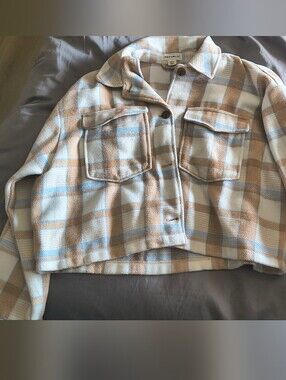 For The Republic Plaid Cropped Shacket - Cream, Tan & Light Bluefor